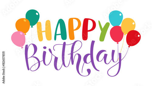 Happy birthday multicolored text with balloons celebration