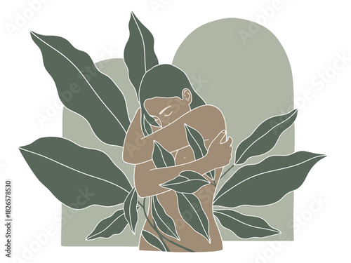 A serene illustration of a woman embracing herself, surrounded by lush leaves. A calming, minimalist design promoting self-love and wellbeing. Perfect for wellness and lifestyle content.
