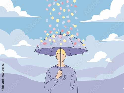 A man stands beneath an umbrella as colorful petals fall from the sky. A serene, stylized illustration evokes feelings of hope and renewal. Suitable for lifestyle and wellness themes.
