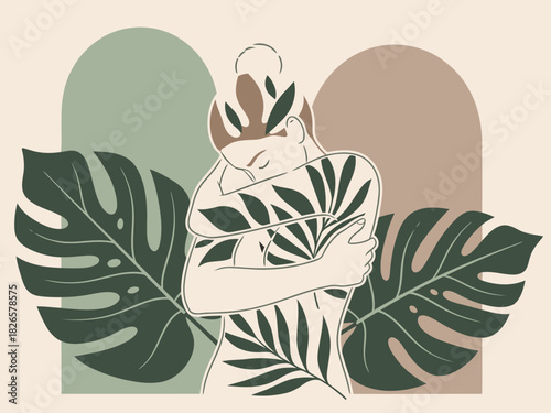 A serene woman embraces herself, surrounded by lush tropical leaves. A soft, modern aesthetic evokes self-love and wellness. Ideal for lifestyle and mental health content.