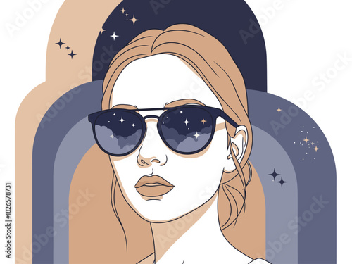 A stylish young woman wears sunglasses reflecting a starry night. Retro design, dreamy aesthetic, perfect for lifestyle and fashion campaigns. See the magic!