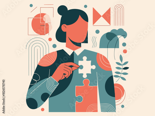 stylish woman integrates diverse puzzle pieces to represent wholeness and happiness Modern abstract illustration with bold colors and geometric shapes
