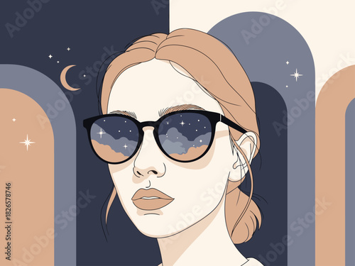 A stylish young woman gazes through starry sunglasses, embodying a visionary aesthetic. Retro archways and celestial elements create a dreamy, modern backdrop. See the magic!