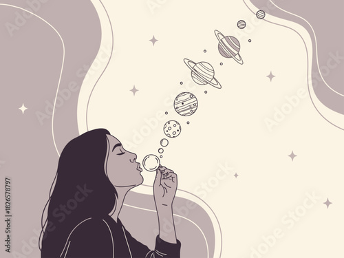 A woman blows bubbles of dreams against a cosmic backdrop.  Illustrative, dreamy, and inspiring. Perfect for wellness, motivation, and creative concepts.