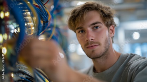 A telecom utility worker inside a data hub organizing thick bundles of fiber-optic cables, color-coded lines creating a visually striking grid under bright LED lighting — network infrastructure