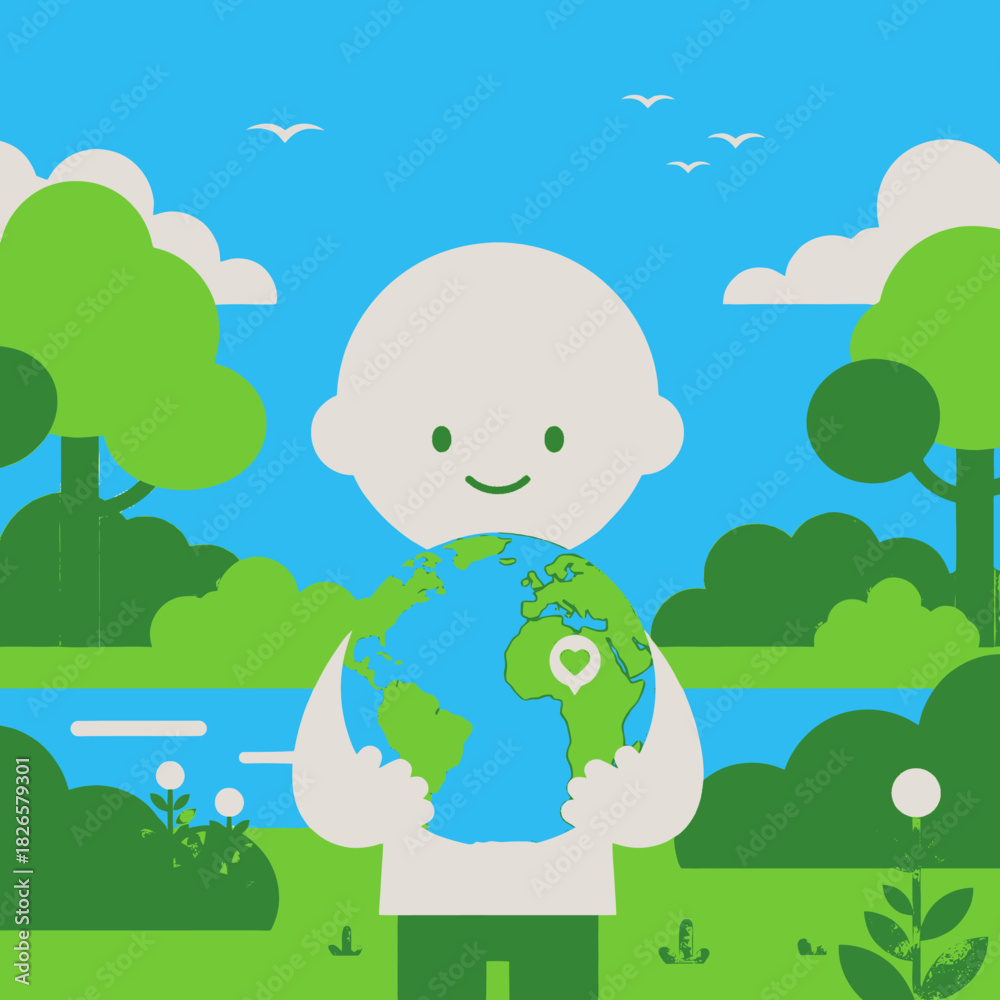 Naklejka premium A cute cartoon person holding the Earth with a heart, surrounded by a vibrant green landscape under a blue sky, symbolizing environmental care and global love.