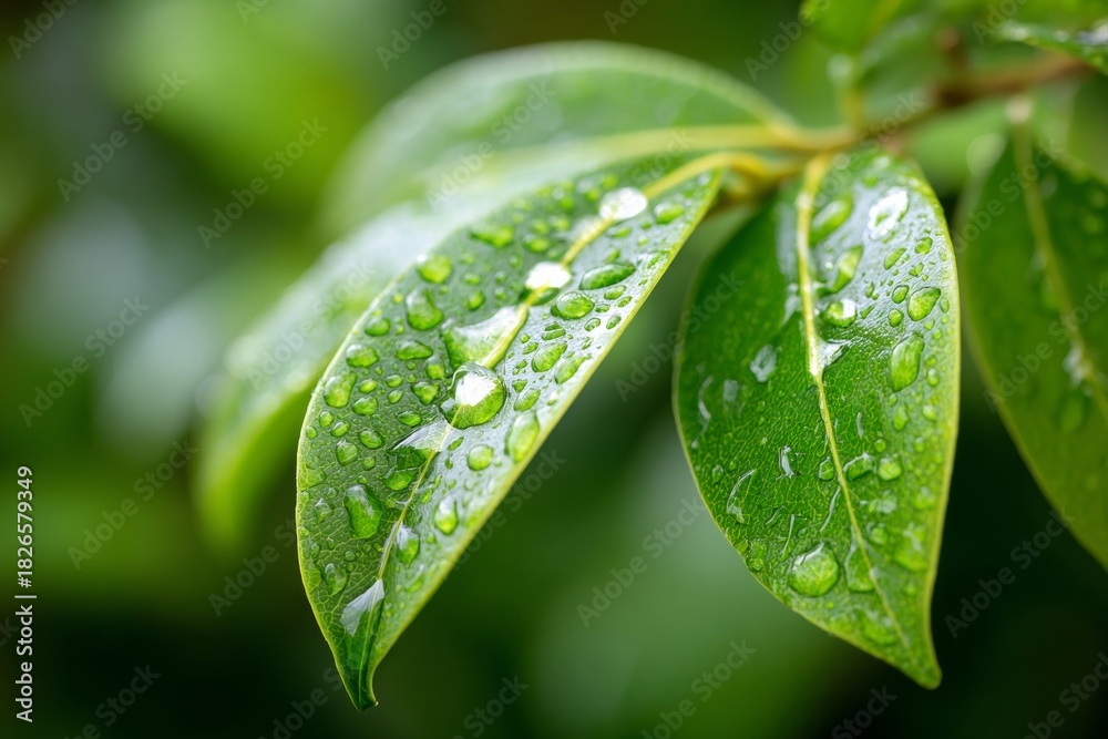 Fototapeta premium Close-up of vibrant green leaves adorned with glistening water droplets symbolizing nature's freshness