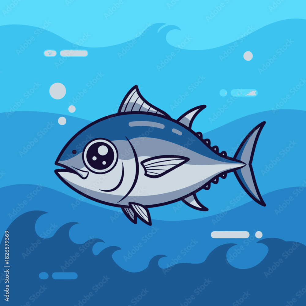 Obraz premium A charming cartoon illustration of a blue tuna fish with large, expressive eyes swimming gracefully in the deep blue ocean.