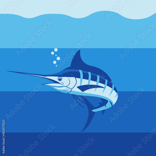 An illustration of a blue marlin swimming gracefully underwater with bubbles in a stylized ocean scene.