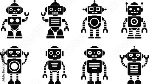 Robot Vector Icons, Vintage Mechanical Bot Silhouette