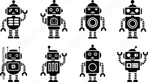 Robot Vector Icons, Vintage Mechanical Bot Silhouette