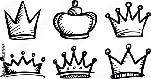 Crown Doodle Vector Set, Hand Drawn Royal Tiara Clipart Collection
