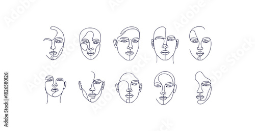 Elegant single line human face and profile illustrations with aesthetic proportions