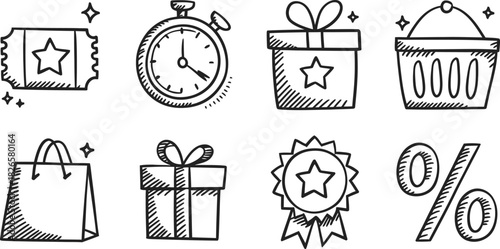 Hand Drawn Shopping Icons, Doodle Retail, Gift, Sale and Reward Vector Set