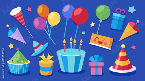 Colorful birthday party elements collection on blue background