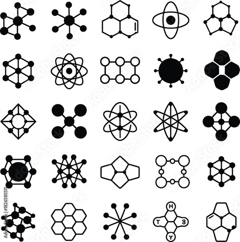Molecule Icons Set, Atomic Structure, Chemistry Symbols and Science Network Vector
