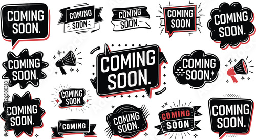 Coming Soon Labels, upcoming product, Bold Announcement Badges, Promo Stickers, Alert, sale, shopping, vector illustration