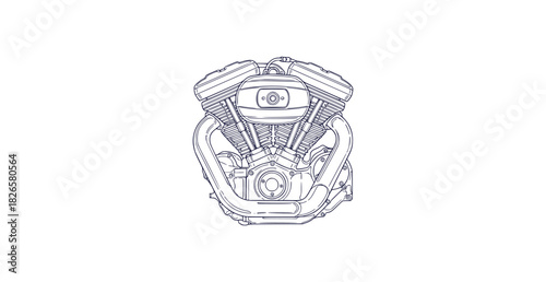 Detailed monoline outline drawing of a motorcycle v twin engine with smooth curves and distinct parts