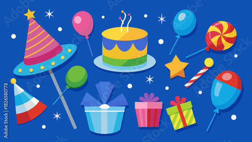 Colorful birthday party elements on a blue background