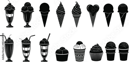 Ice cream and dessert silhouette set featuring cones, sundaes, milkshakes, cupcakes, swirls, treats, sweets, and frozen snacks
