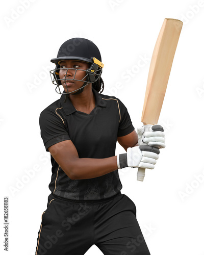 Female cricket batsman in black uniform ready to strike the ball on isolated background