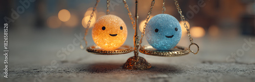 Two winking faces balance on scales. Orange, blue spheres represent positive sentiment assessment. Emotions balance. Image for AI based feedback evaluation, opinion research. Business uses sentiment