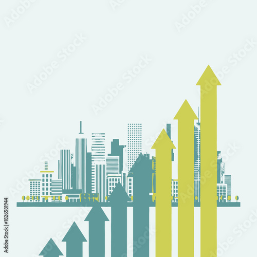 Modern cityscape illustration with upward arrows representing economic growth, urban development, and business progress.
