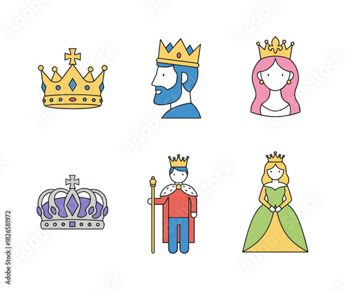 Royal crowns and characters representing monarchy concept