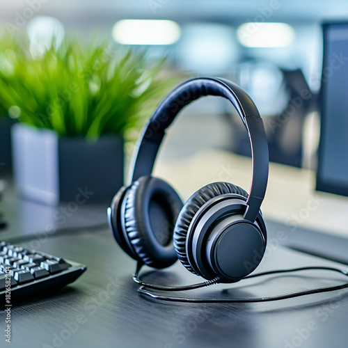 Engaging audio experience modern workspace setup with headphones and keyboard office environment close-up view tech focus