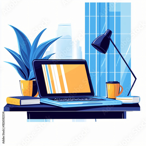 Home office setup urban environment digital workspace illustration modern design bright colors creative concept productivity boost