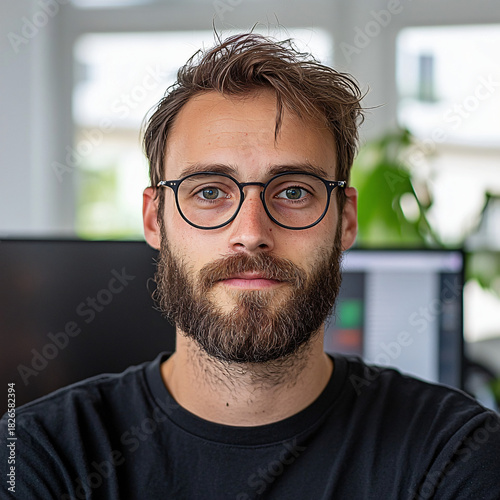 Engaging professional portrait modern office photography bright environment close-up view personal branding
