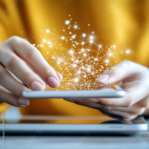 Exploring digital connectivity hand interacting with mobile device home office technology concept modern environment close-up view