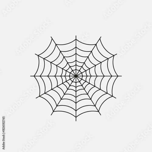 A simple black line art illustration of a symmetrical spider web with radial and spiral threads on a light grey background.