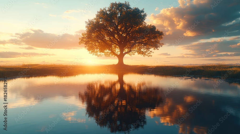 Obraz premium Solitary tree reflects in calm pond at sunset