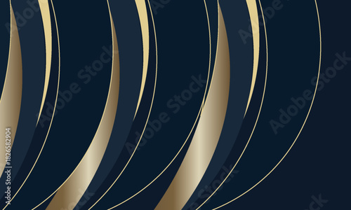 A sophisticated abstract composition featuring overlapping gold rings on a deep navy backdrop. Glossy curves convey luxury, movement, and modern style, perfect for branding, posters.