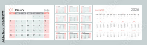 Minimalist 2026 calendar layout featuring monthly planners in soft pink and gray tones, designed with clean typography and a modern, organized style suitable for print and digital use.