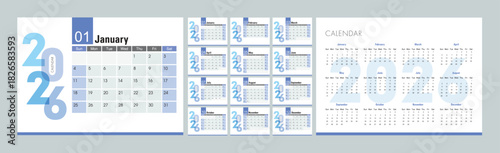 Modern 2026 calendar layout featuring monthly planner pages and a clean yearly overview in blue and white tones, designed for organization, planning, and scheduling.