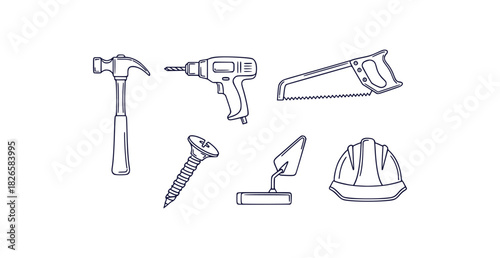 Collection of precise monoline construction and diy tool icons including hammer drill saw screw trowel and safety helmet
