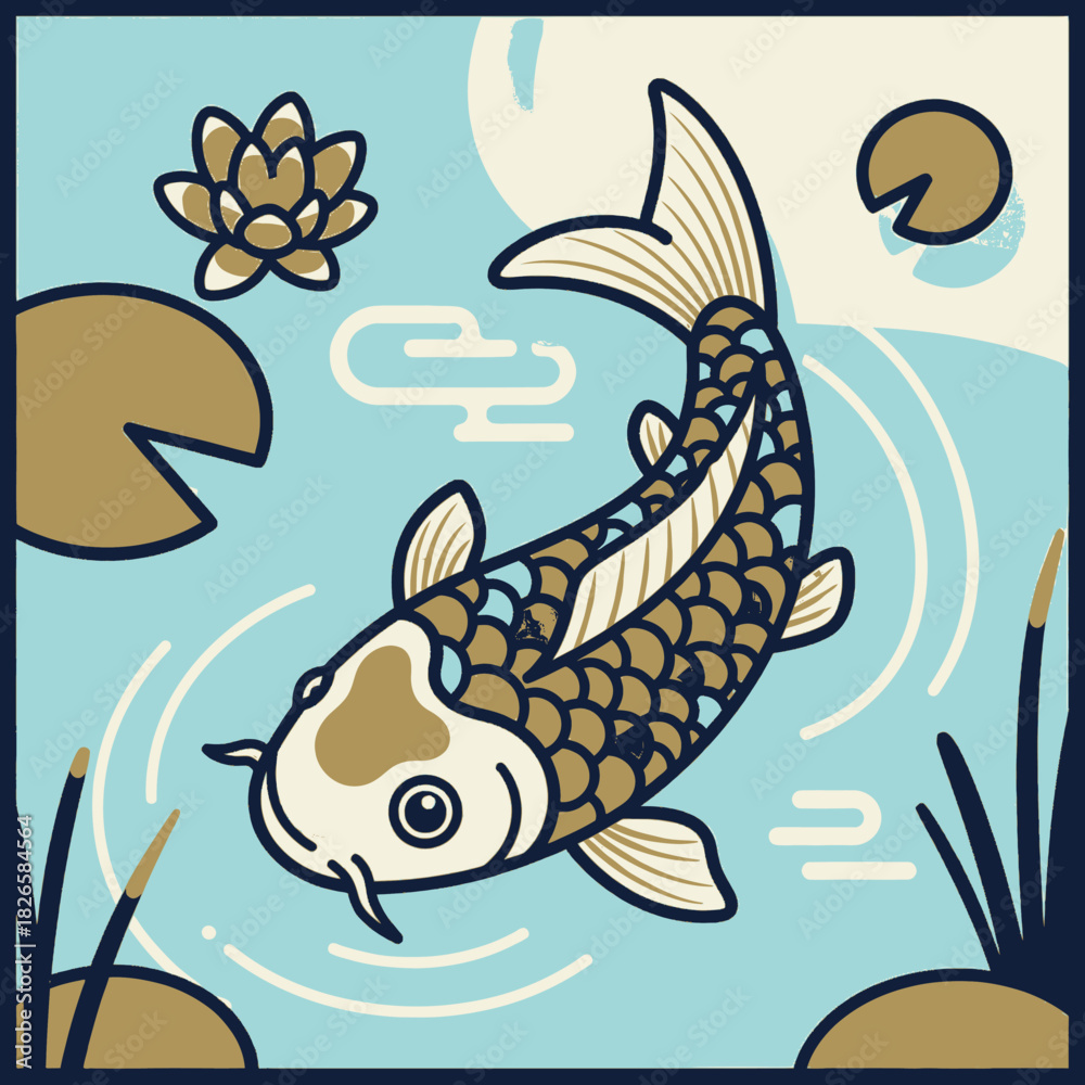 Fototapeta premium Stylized illustration of a koi fish swimming in a serene pond with lily pads, a lotus flower, and reeds.
