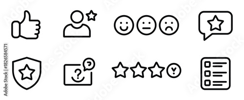 Feedback, rating outline icon set, including customer review symbols, linear icons for user experience, star ratings, feedback comments, like and dislike icons, perfect for websites