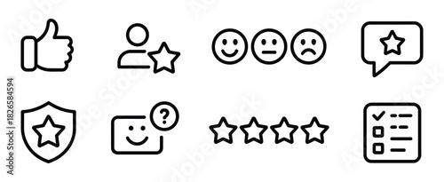 Feedback, rating outline icon set, including customer review symbols, linear icons for user experience, star ratings, feedback comments, like and dislike icons, perfect for websites