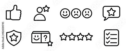 Feedback, rating outline icon set, including customer review symbols, linear icons for user experience, star ratings, feedback comments, like and dislike icons, perfect for websites