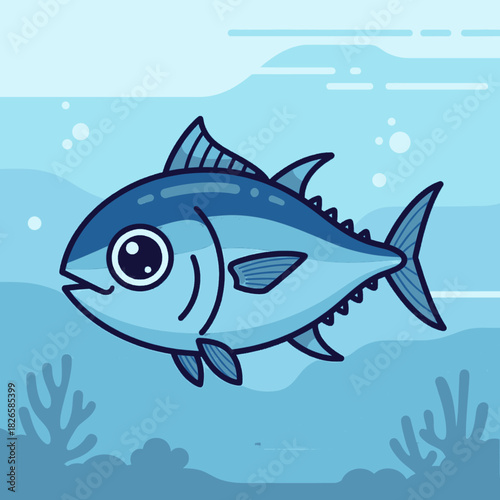 Cartoon illustration of a blue tuna fish swimming in the ocean with coral and bubbles.