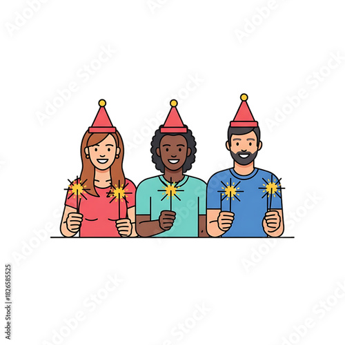 Friends at a party wearing hats and celebrating joyfully.