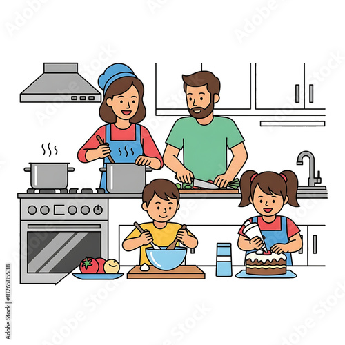 Family cooking together in the kitchen during a meal preparation.