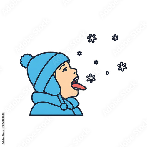 Child catching falling snowflakes while wearing a winter hat.