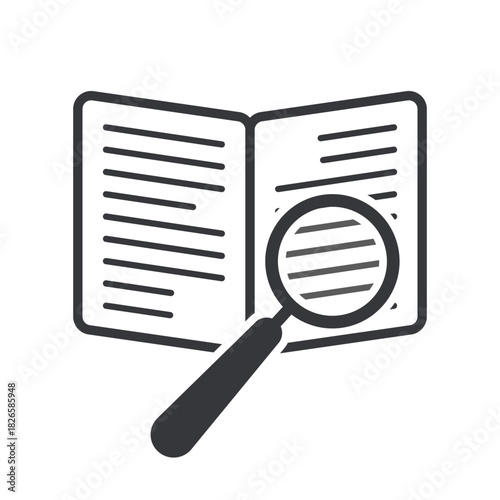 Isolated pictogram of magnifying glass and book, symbolizing search, study, reading, and education for learning materials, research, academic content, and literacy.