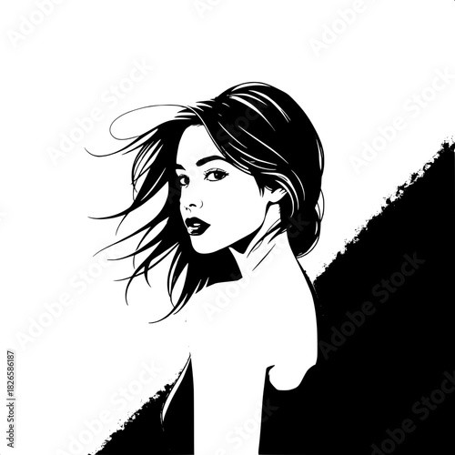 “A refined black-and-white vector portrait showing a young woman turning her head to the right, her hair drifting naturally behind her. The simple gradient background enhances the graphic clarity and 
