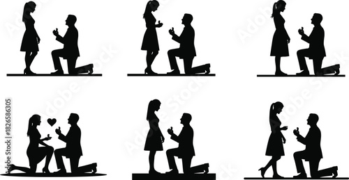 Marriage proposal silhouette set, romantic couple icons, black vector illustrations, engagement moment design, love and relationship bundle