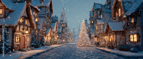 Festive winter village scene with christmas tree and illuminated houses under snowfall